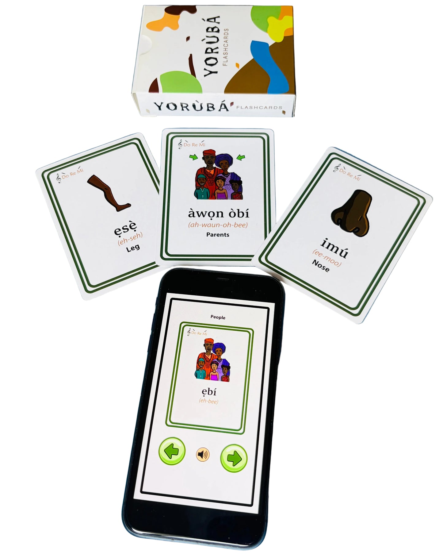 Card game with Yoruba language cards and a smartphone displaying the app